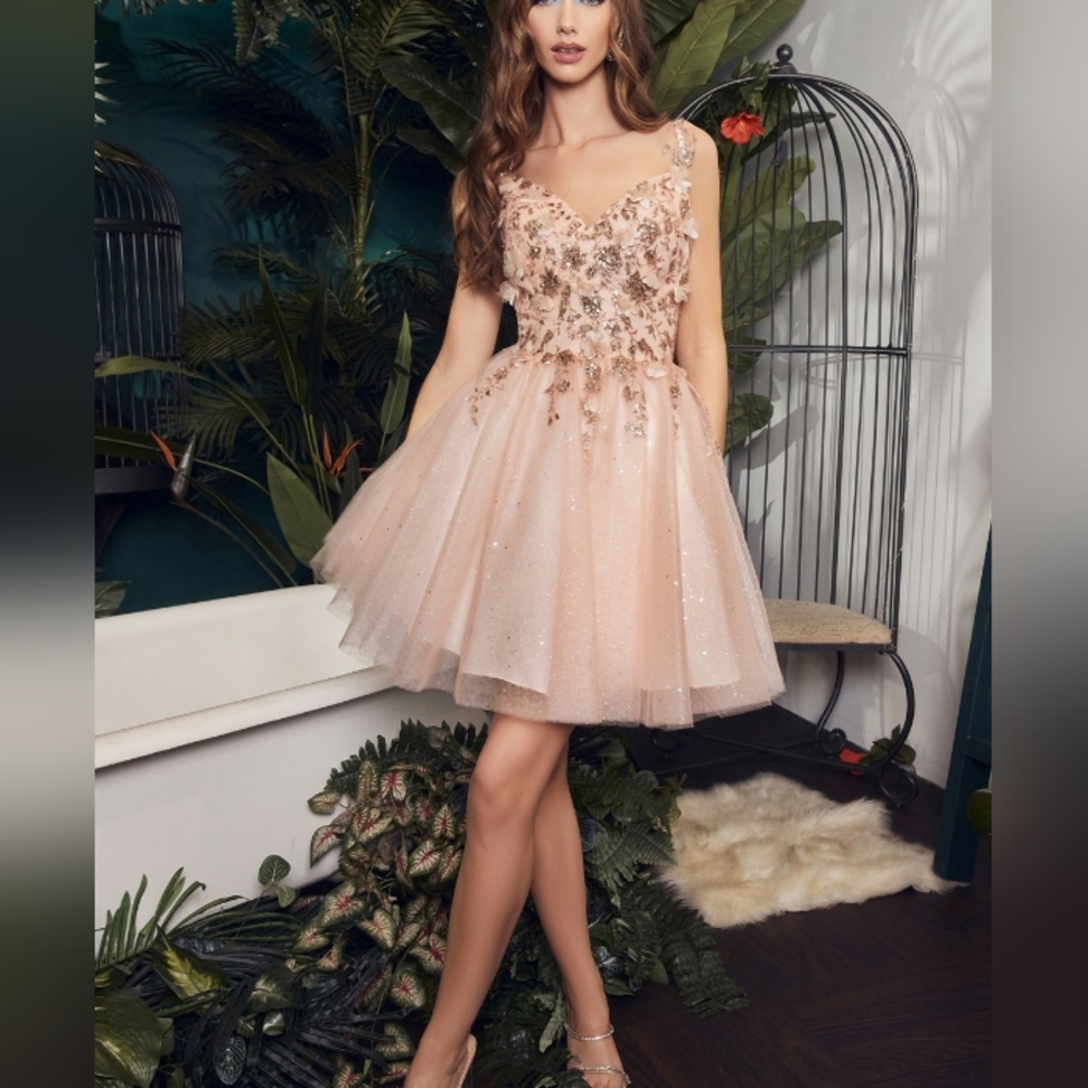 Blue,pink,champagne gold,lavender, a line cocktail floral design dress - Picture 4 of 7